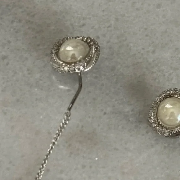 Sterling Silver Vintage Style Pearl Crystal Swirl Threaded Needle Earrings New - Picture 3 of 4